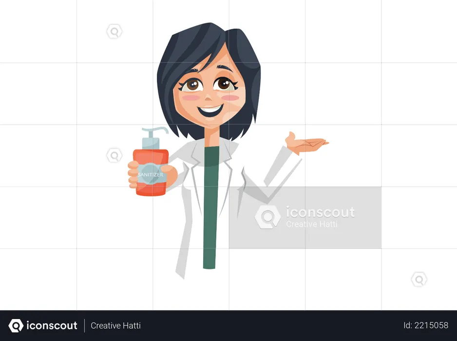 Doctora que sugiere usar desinfectante para manos  Ilustración
