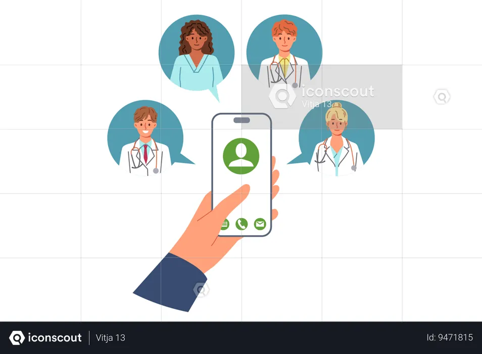 Doctors around phone in patient hand for concept calling medical personnel at home for first aid  Illustration