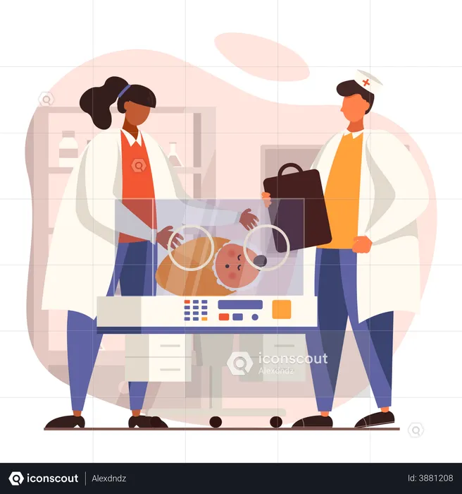 Doctors with new born babies  Illustration