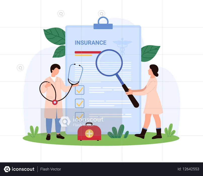 Doctors working on Detailed Health Insurance Document Review  Illustration