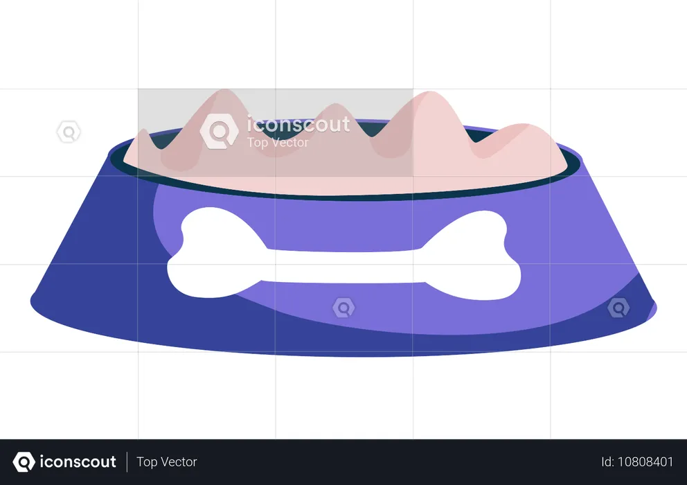 骨のプリントが入った青いボウルに入ったドッグフード  イラスト