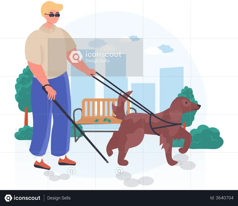 Dog helping blind man in garden walk  Illustration