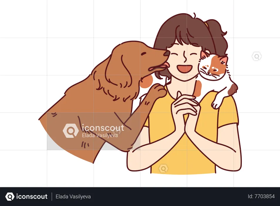 Dog licking face of girl  Illustration