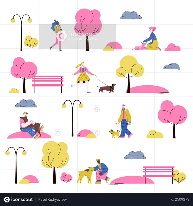 Dog owners with dog  Illustration