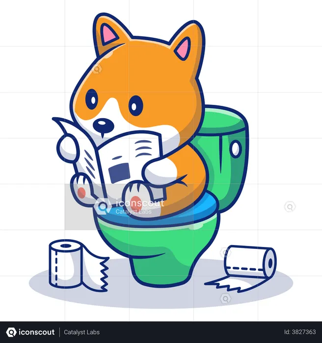 Dog reading newspaper in toilet  Illustration