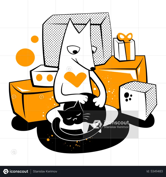 Dog rejoices at gifts  Illustration