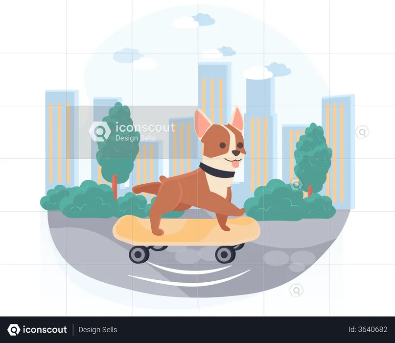 Dog riding skateboard in garden  Illustration