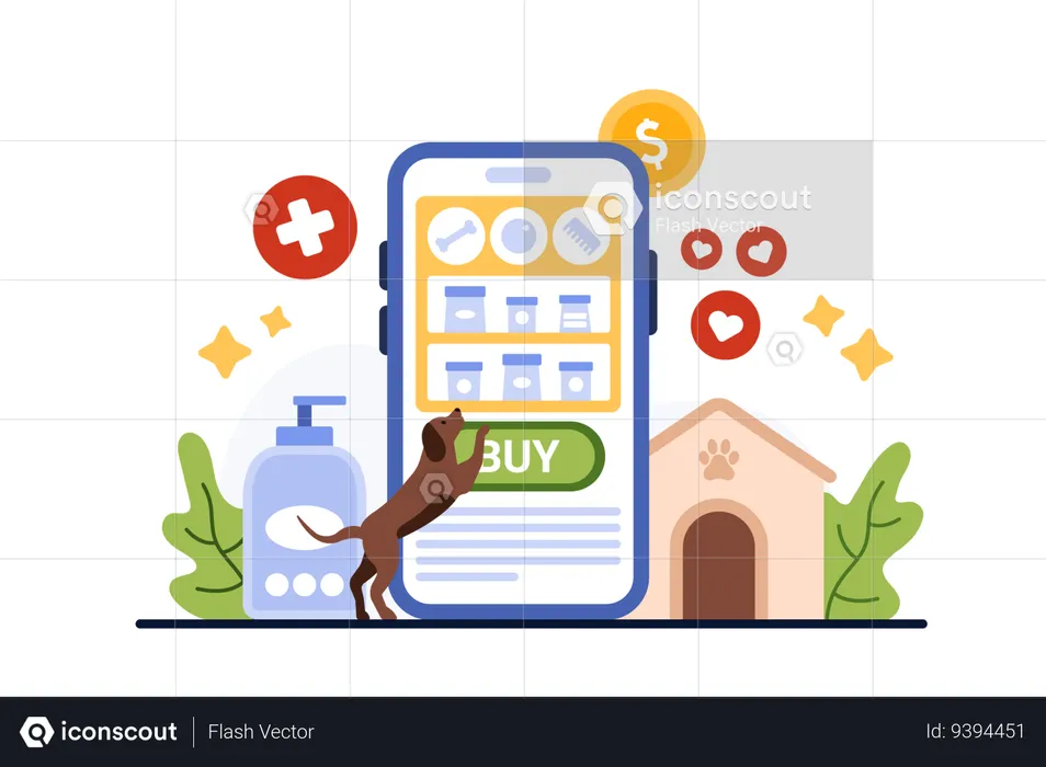 Dog selecting category on phone screen  Illustration