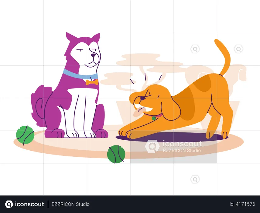 Dogs playing with woolen ball  Illustration