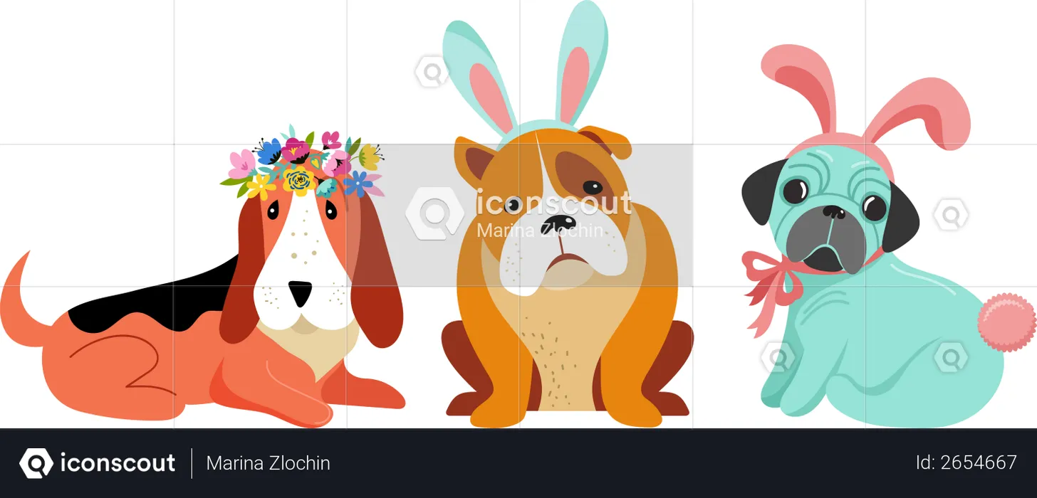 Dogs wearing bunny costumes  Illustration