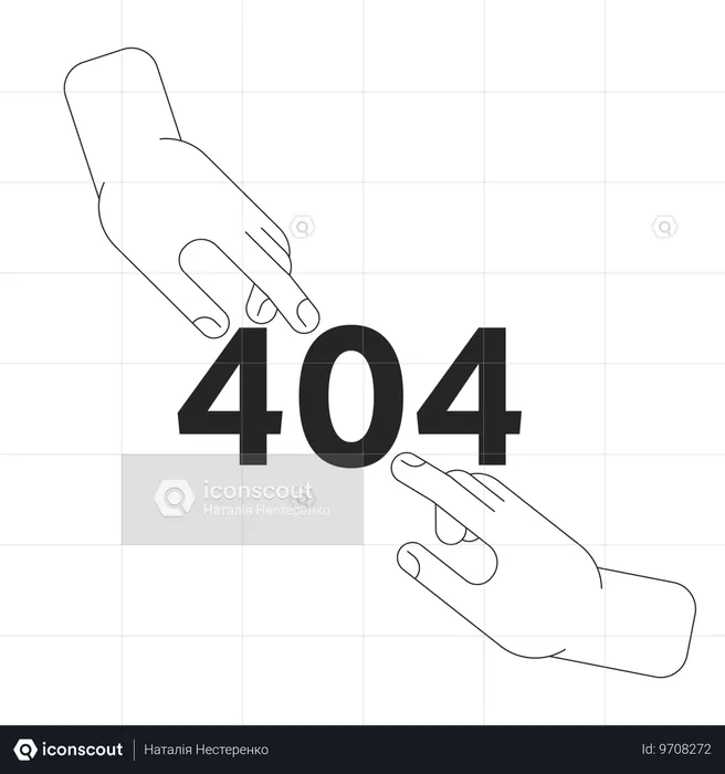 Les doigts touchent le message flash d'erreur 404 en noir et blanc  Illustration
