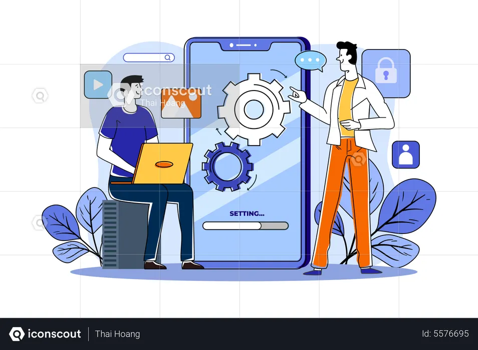 Dois caras estão configurando a lógica do aplicativo  Ilustração