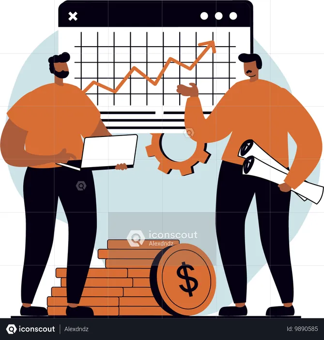 Dois caras mostrando receita de lucro  Ilustração