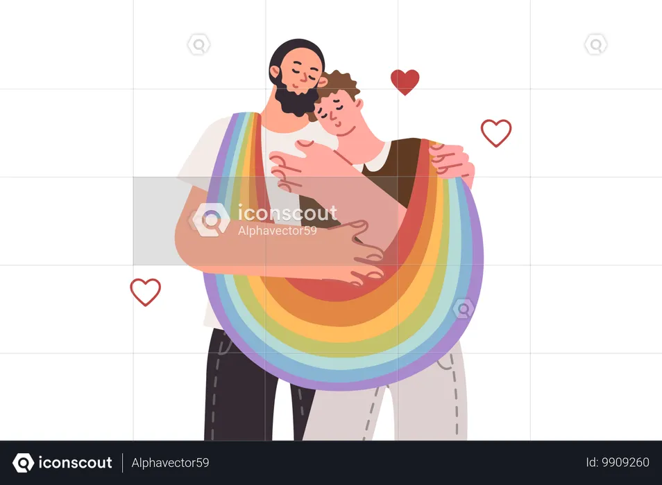 Dois gays apaixonados pela bandeira LGBT se abraçam enquanto os convidam para desfilar em homenagem ao mês do orgulho  Ilustração