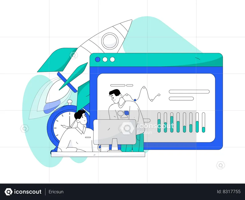 Dois homens trabalhando na análise de startups  Ilustração