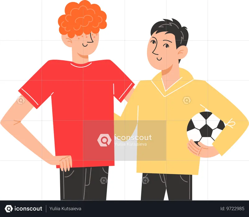 Dois irmãos próximos um do outro segurando uma bola de futebol  Ilustração