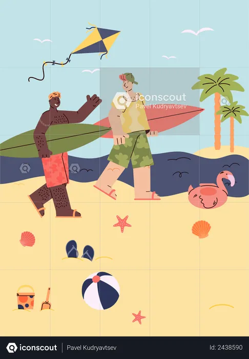 Dois surfistas de férias andando com pranchas de surf  Illustration