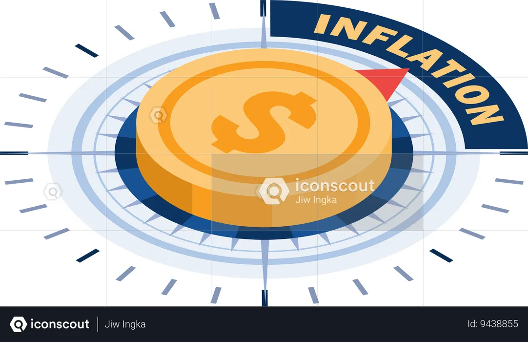 Dollar Coin Compass Pointing to Inflation  Illustration
