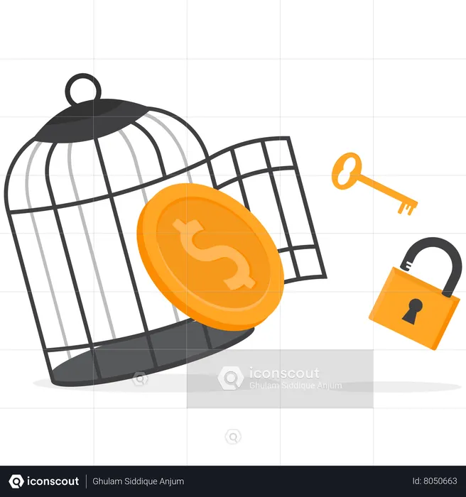 Dollar with key free himself from cage  Illustration