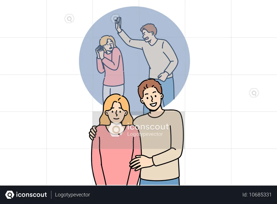 Domestically violent couple smiling in public  Illustration