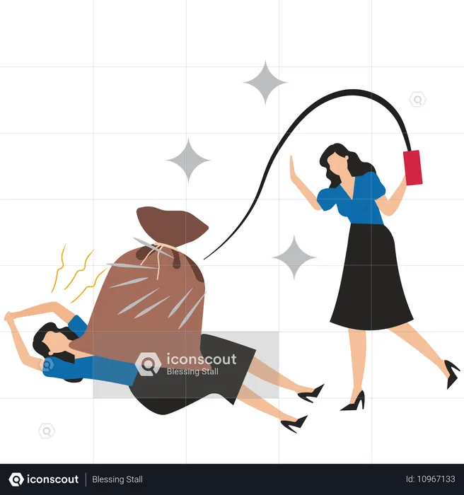 Domineering boss with whip to beat employees who work  Illustration