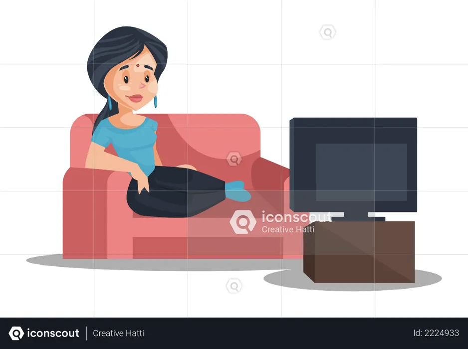 Esposa de casa indiana assistindo televisão enquanto está sentada no sofá  Ilustração