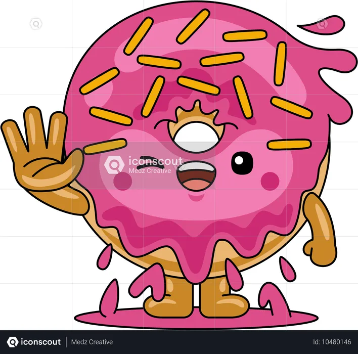 Personagem mascote donut acenando com a mão  Ilustração