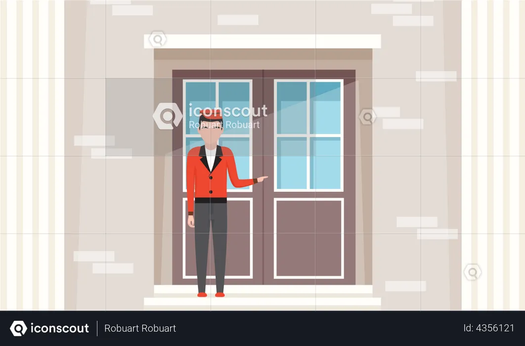 Doorman standing in front of hotel entrance  Illustration