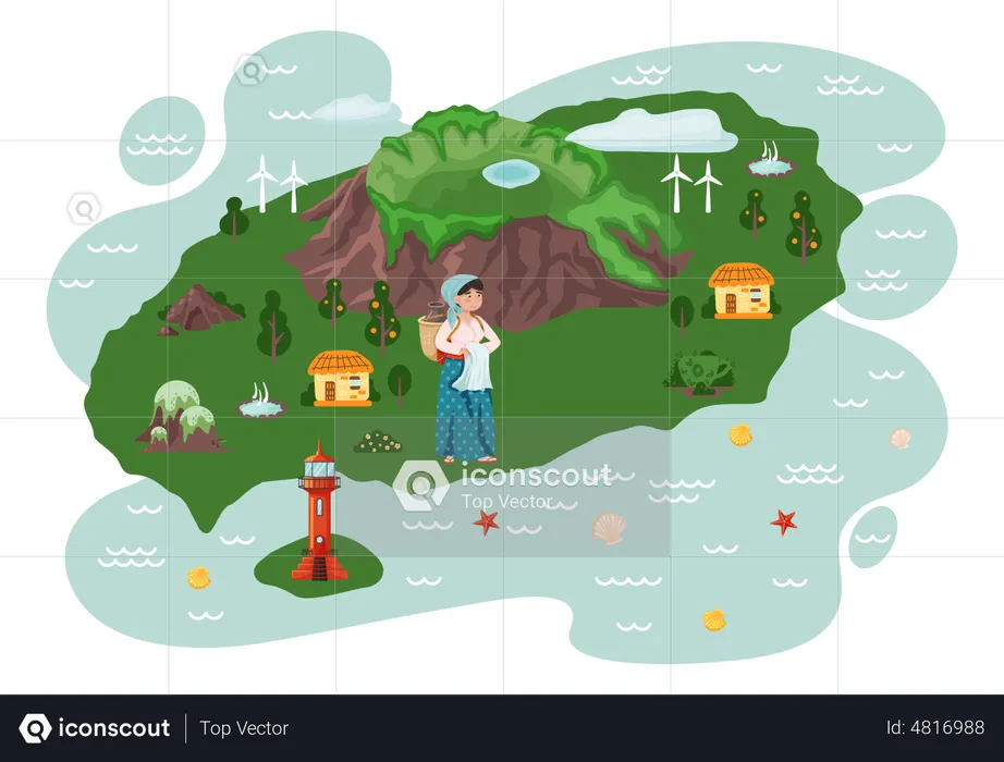 Dorfbewohnerin steht auf der Insel  Illustration