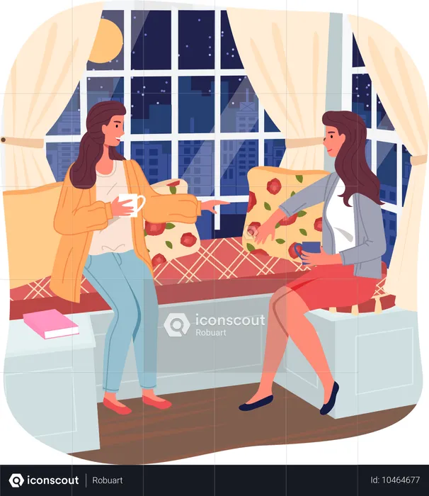 Dos amigas sentadas cerca de la ventana por la noche y hablando con una taza de té o café.  Ilustración