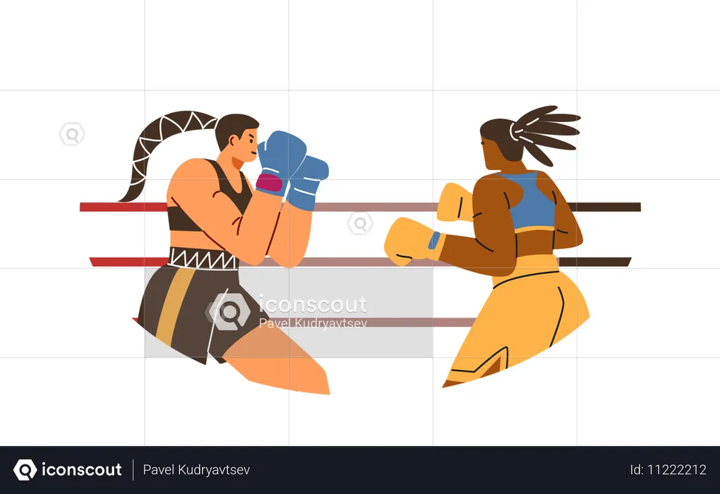 Dos mujeres boxeadoras peleando en el ring  Ilustración