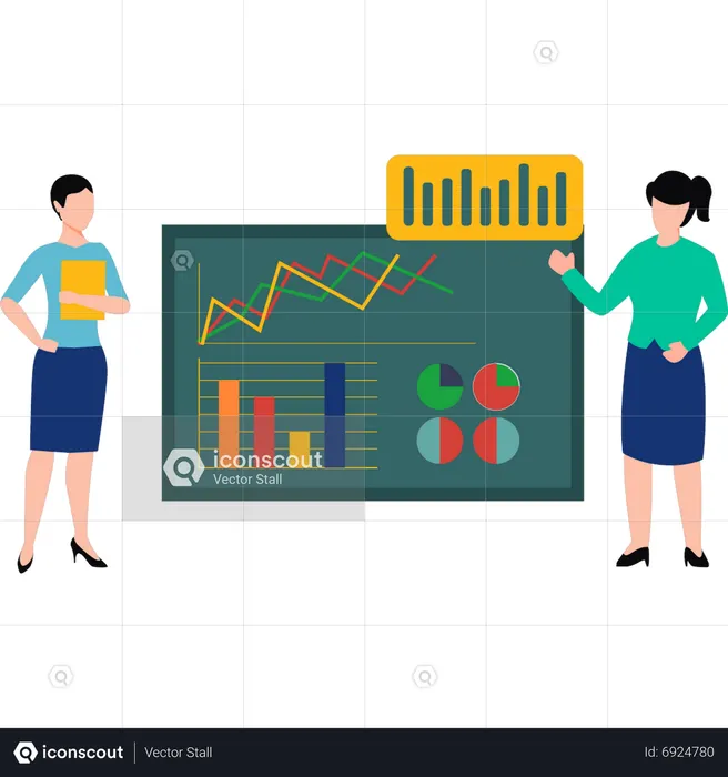 Dos chicas trabajando en un gráfico de análisis.  Ilustración