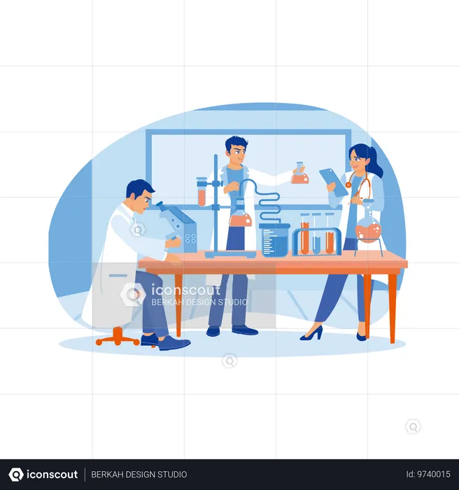 Dos científicos varones están realizando investigaciones científicas en el laboratorio.  Ilustración