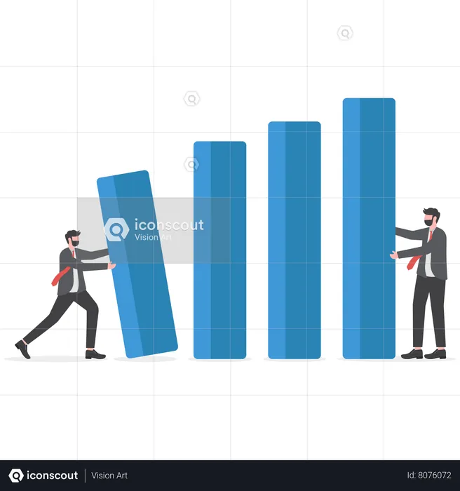 Dos empresarios empujan los gráficos de barras que caen en el colapso económico  Ilustración