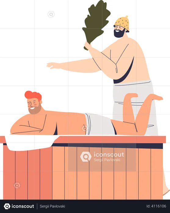 Dos hombres disfrutan visitando la sauna  Ilustración