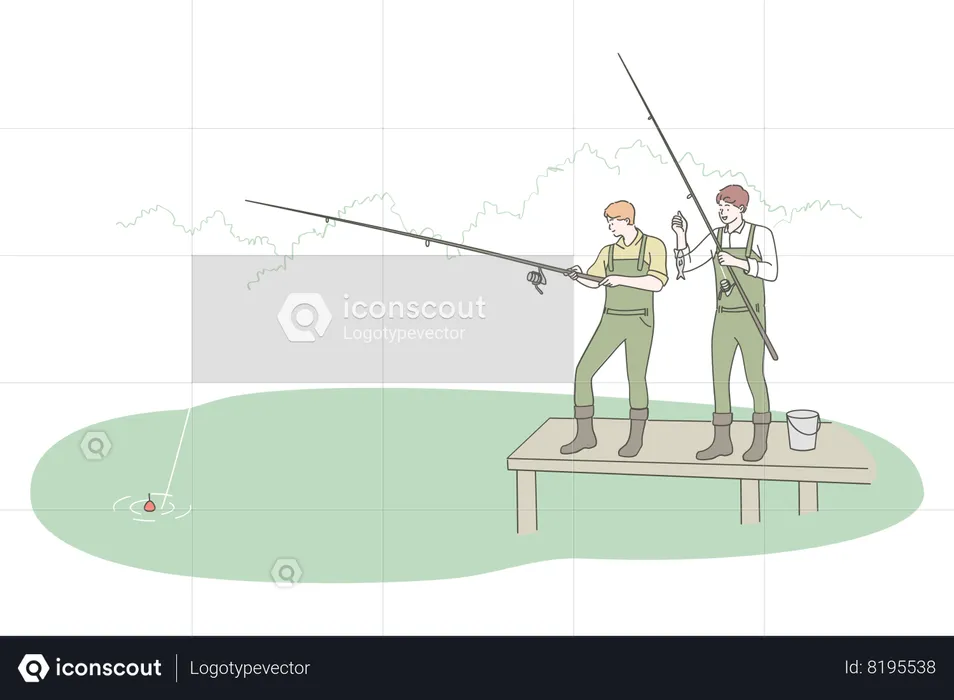 Dos hombres pescando juntos en la orilla del río  Ilustración