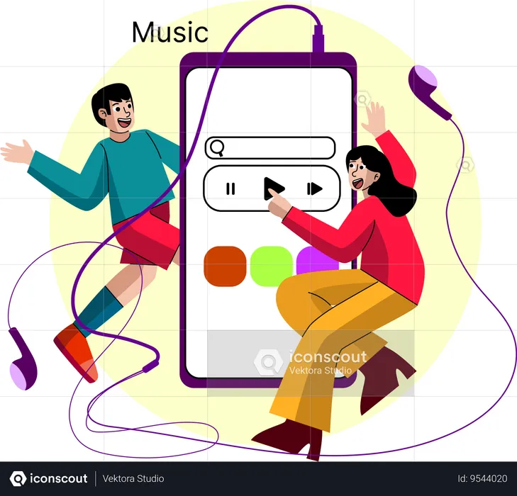 Dos personas disfrutando de la música a través de un dispositivo digital  Ilustración