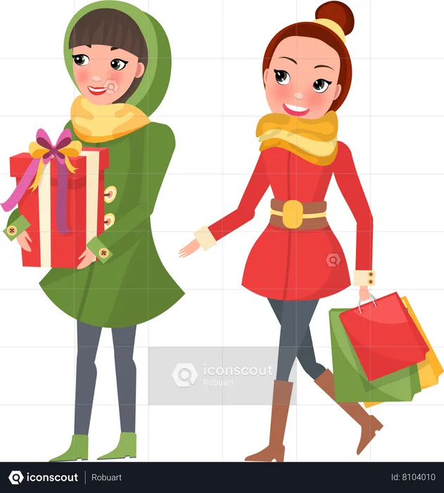 Dos mujeres compran productos de compras  Ilustración