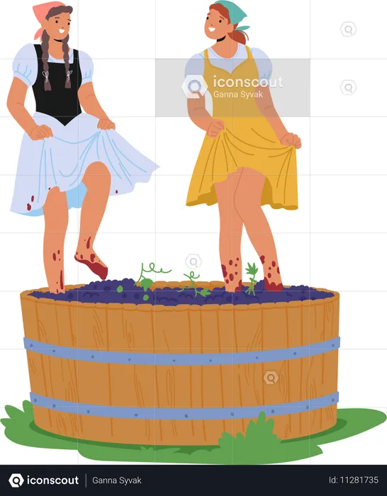 Dos mujeres pisan uvas en un barril de madera  Ilustración