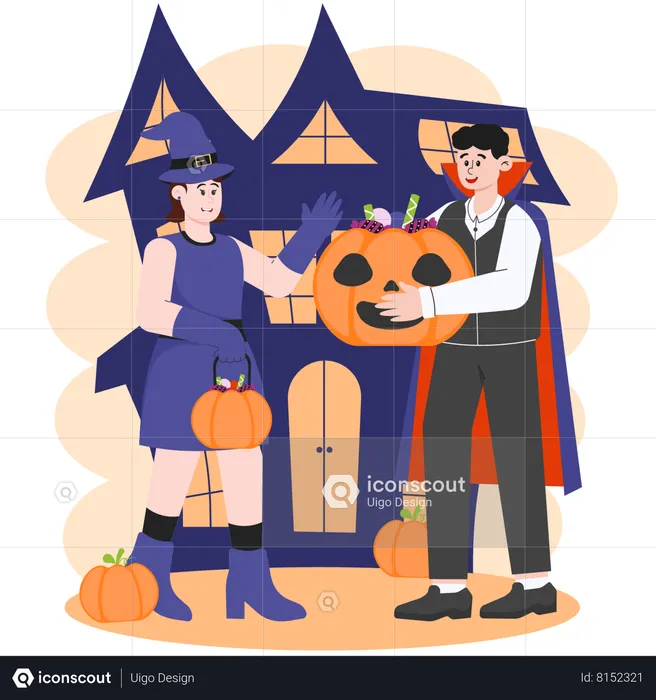 Dos personas pidiendo dulces para Halloween  Ilustración