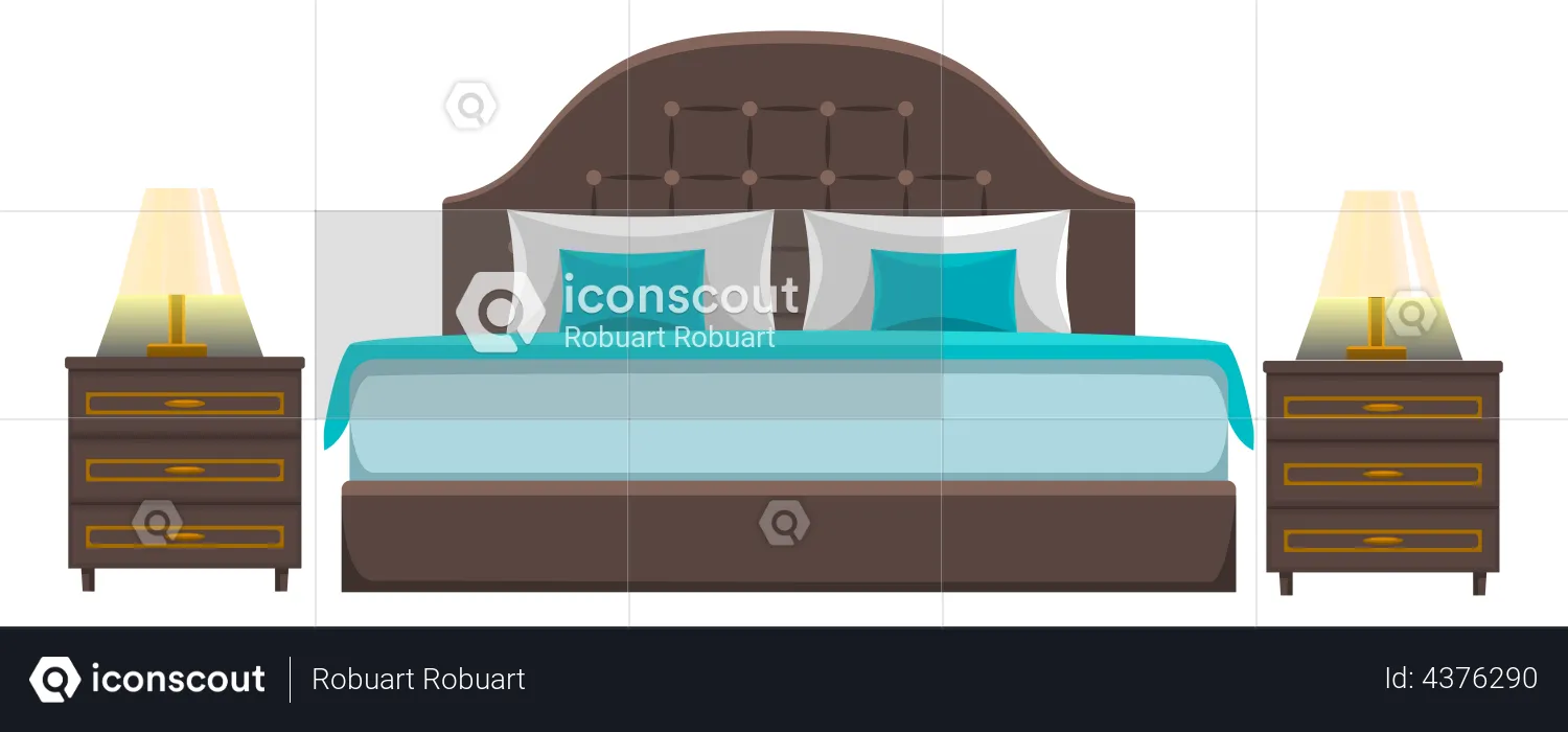 Double wooden bed with pillows and blanket  Illustration