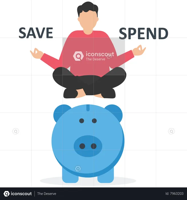 Doubtful man sitting on piggy bank balancing save or spend choice  Illustration