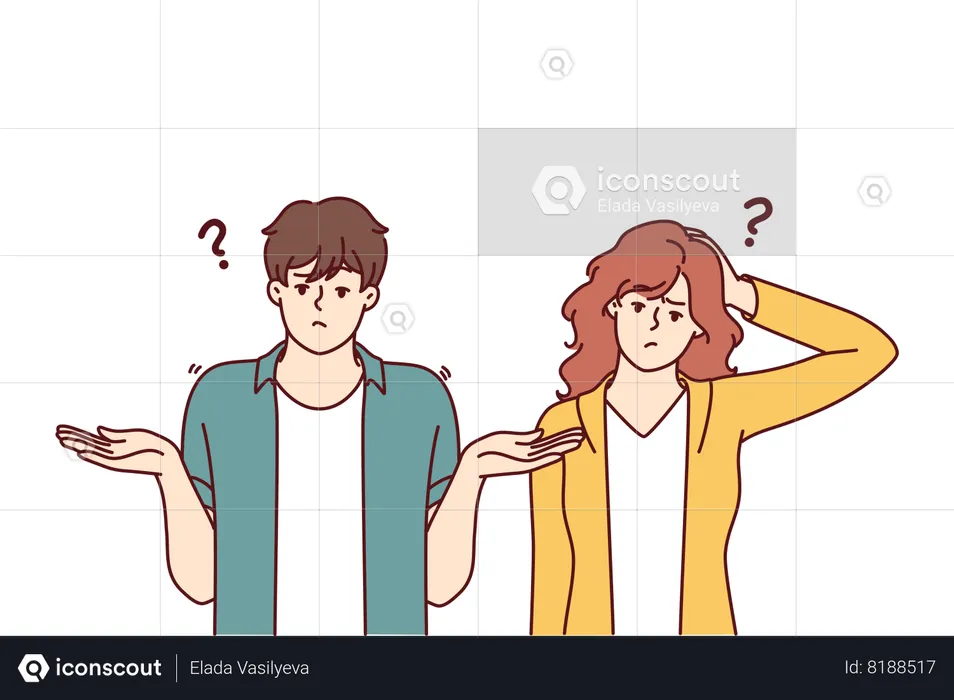 Doubting man and woman shrug hands and touch heads because of absence of solution to problem  Illustration