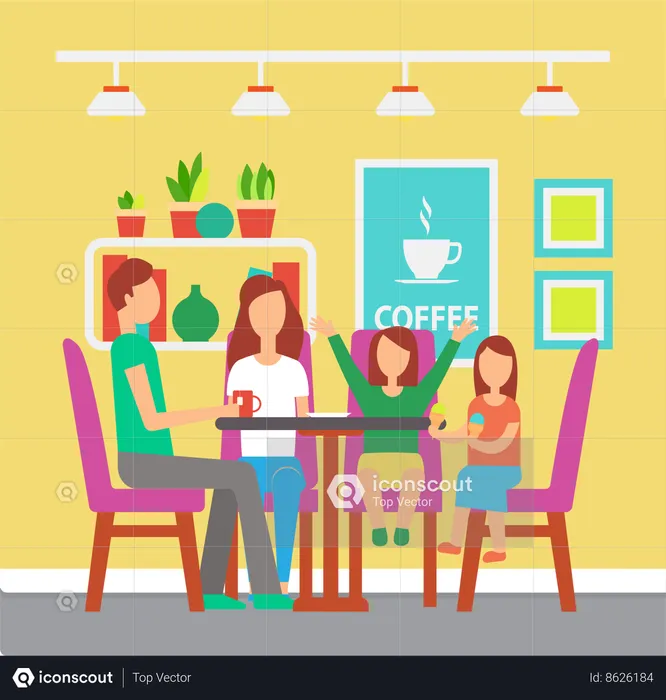 Douce famille assise au café  Illustration