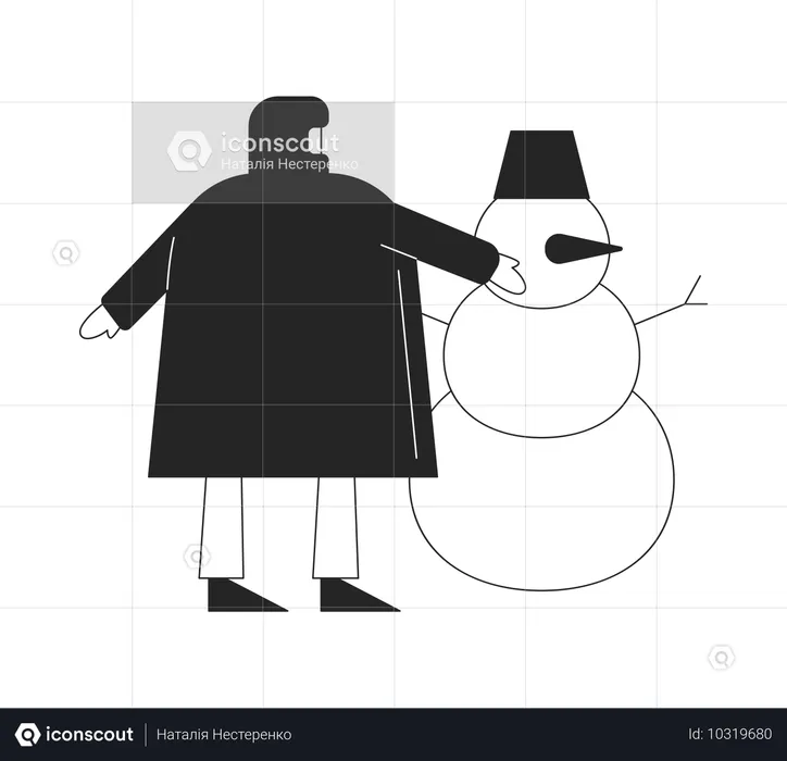 Homme en doudoune construisant un bonhomme de neige  Illustration