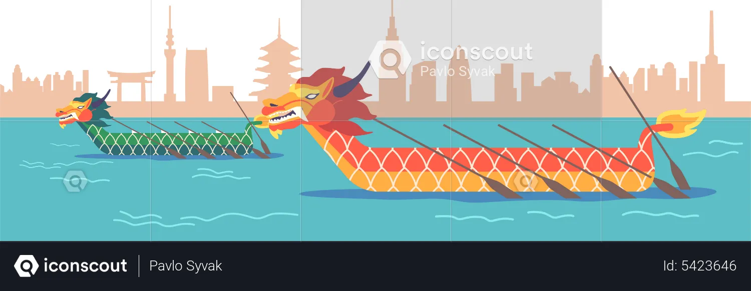 Dragon Boats with Paddles Sian  Illustration