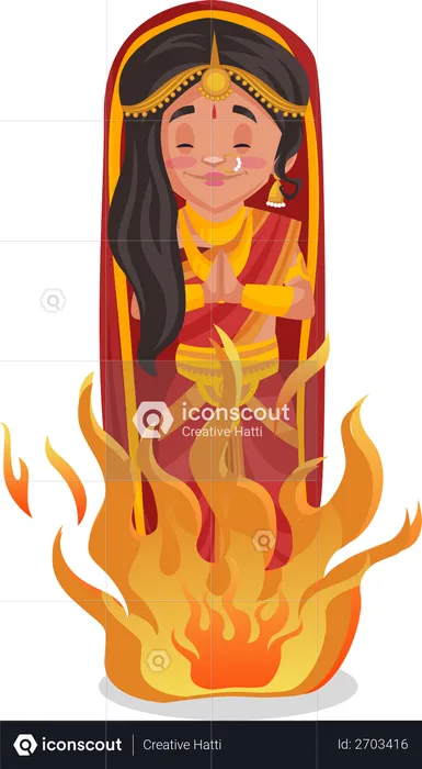 Draupadi standing in fire flames  Illustration