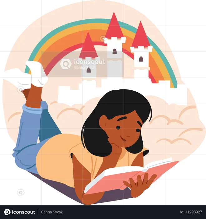 Dreamlike cute girl child reading fairy tale book about princess in castle  Illustration