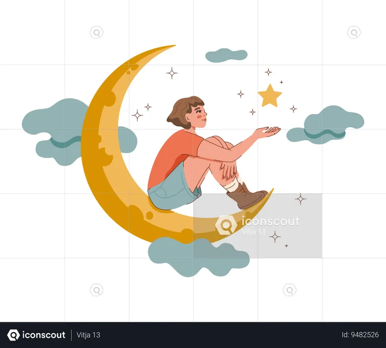 Dreamy girl fantasizes about opportunity to sit on crescent moon and hold star with firmament  Illustration