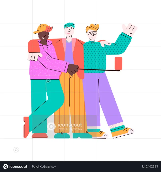 Drei junge Männer machen Selfie-Bilder mit Smartphones auf einem Stock  Illustration